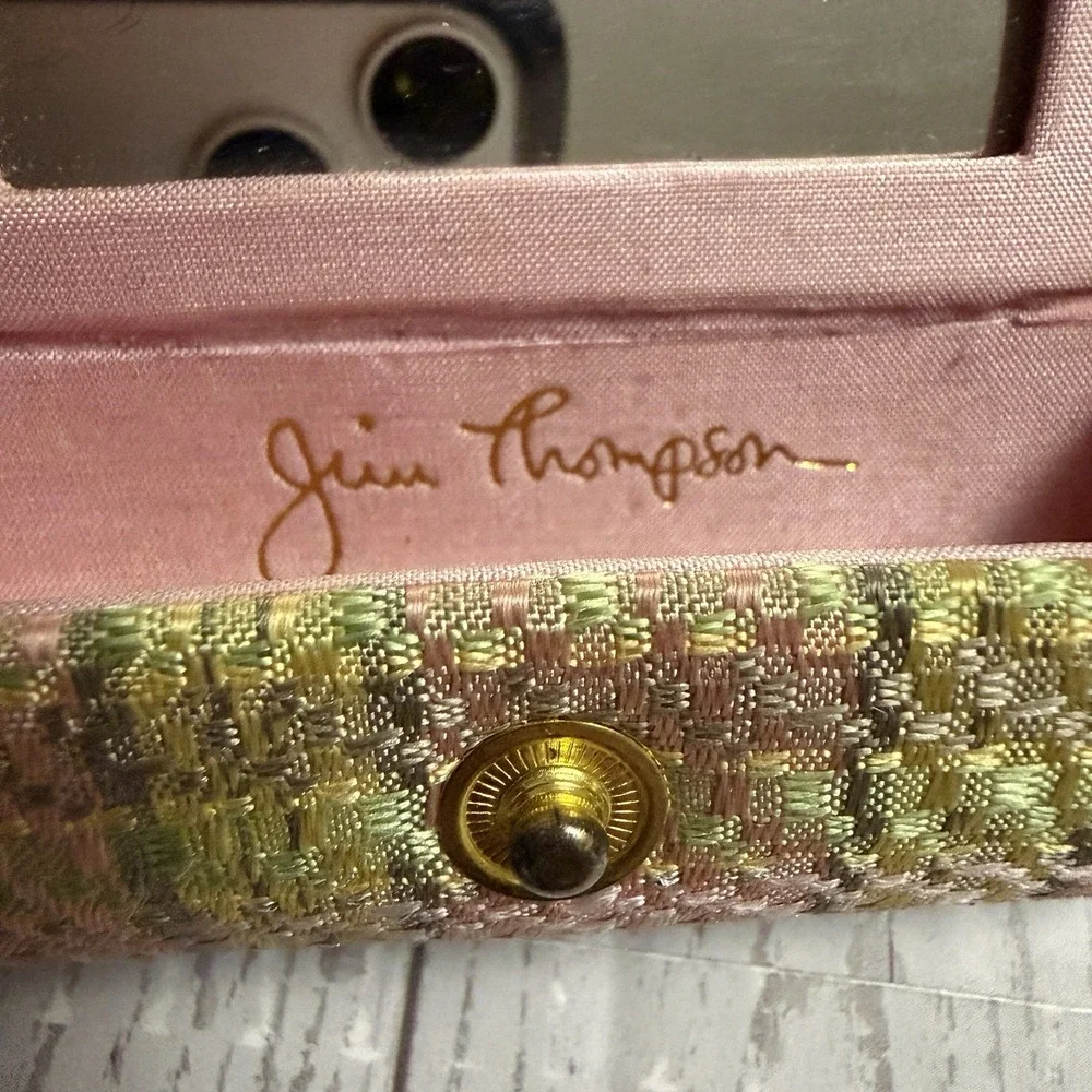 Jim Thompson Lipstick Case With Mirror Silk Covered Pink Tweed Plaid Pattern